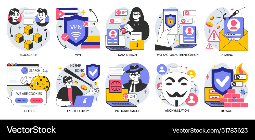 Data privacy set cyber or web security database Data privacy set cyber or web security database vector image