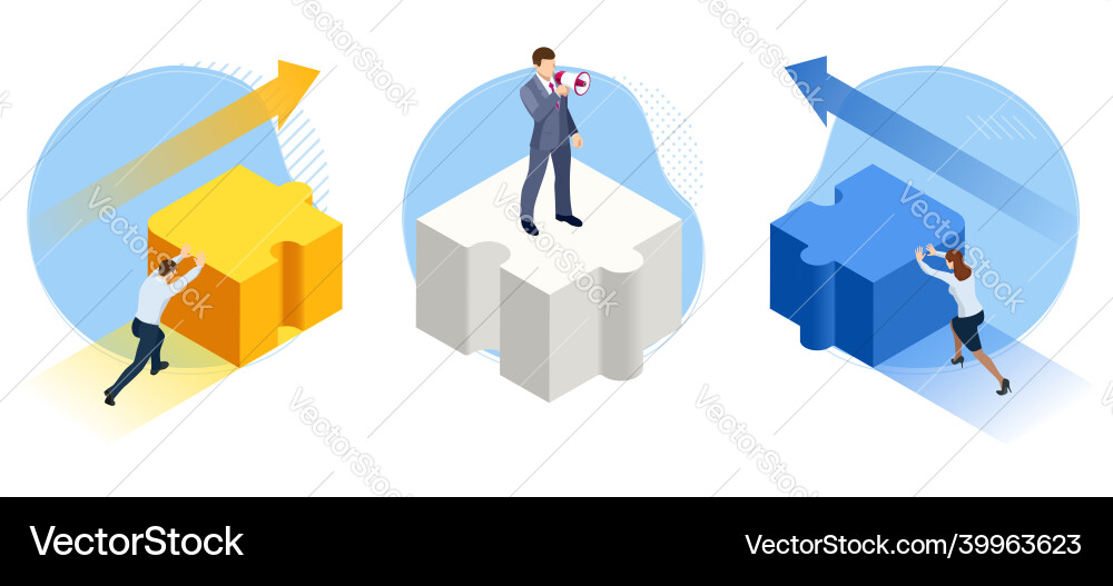 Isometrische Menschen verbinden Puzzle-Elemente Isometrische Menschen verbinden Puzzle-Elemente vektorbild