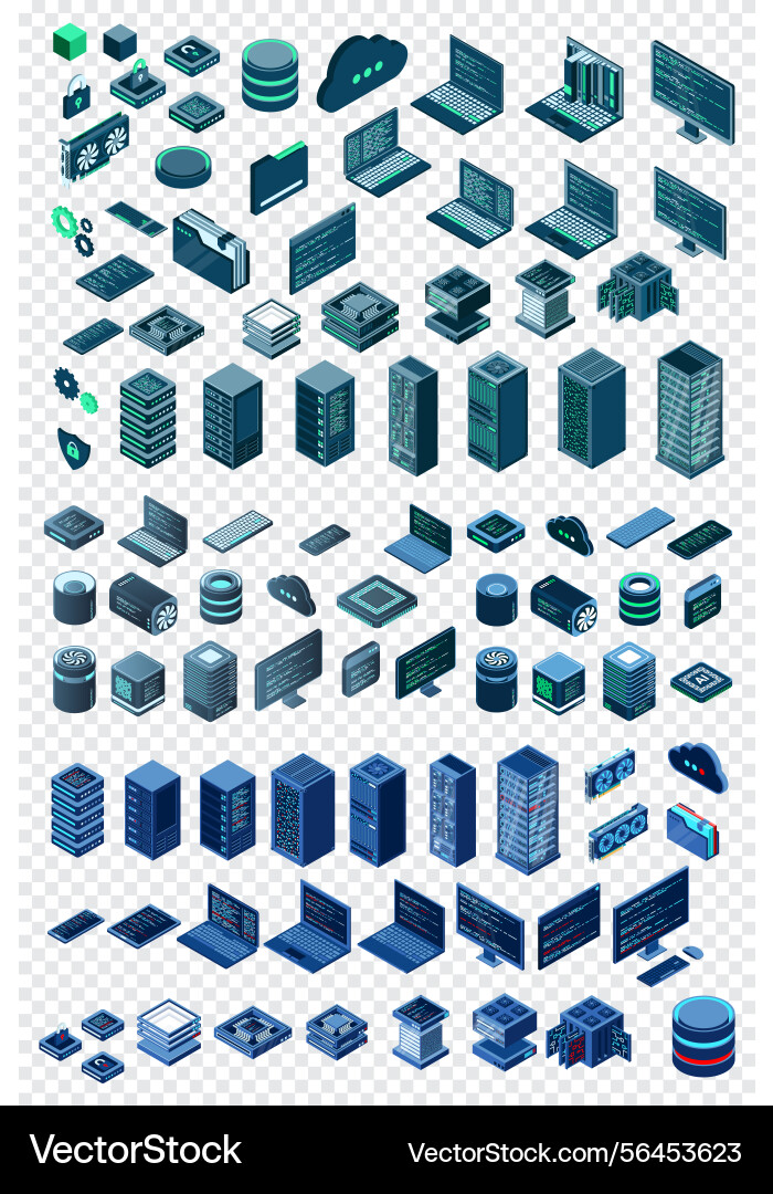 Large set of isometric computer technology vector image