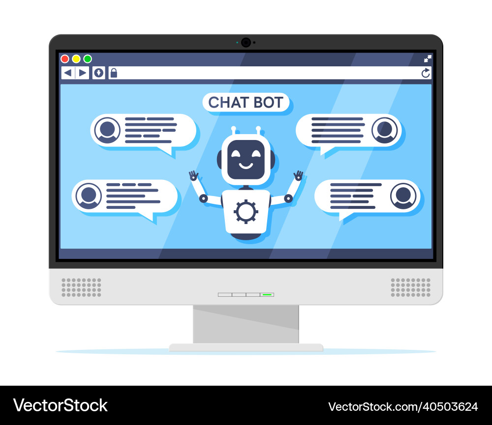 Computer with chat bot speak in bubble on screen Vector Image