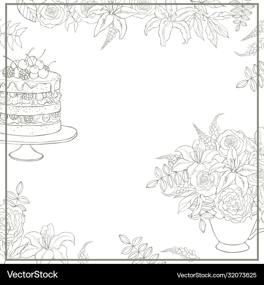 Hand drawn cake and flowers background sketch vector image
