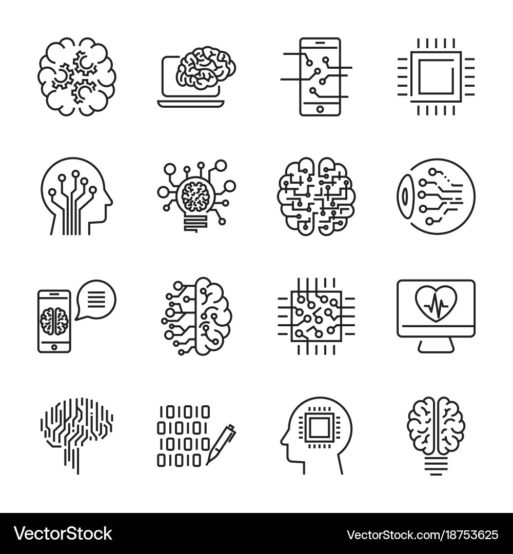 Simple set of artificial intelligence related line vector image