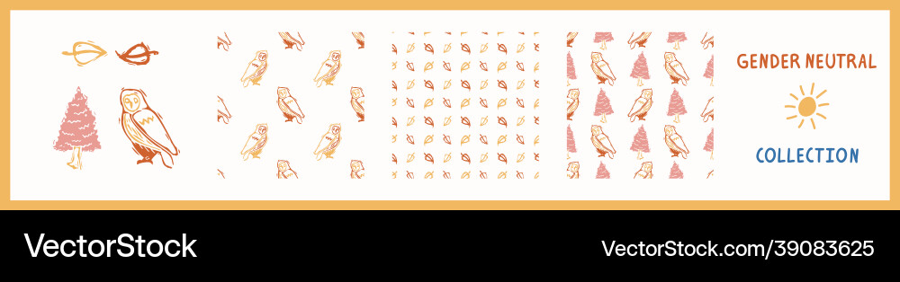 Whimsical style block print shape owl pattern set vector image
