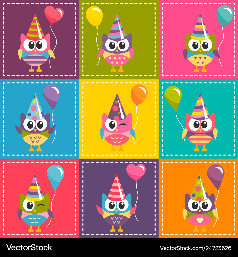 Colorful Patchwork Owls with Balloons vector image