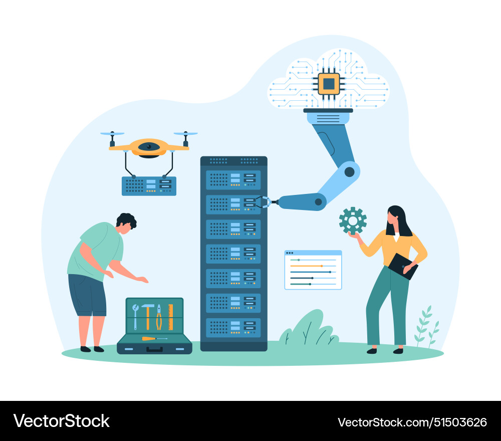 Data center development with ai tiny people Data center development with ai tiny people vector image