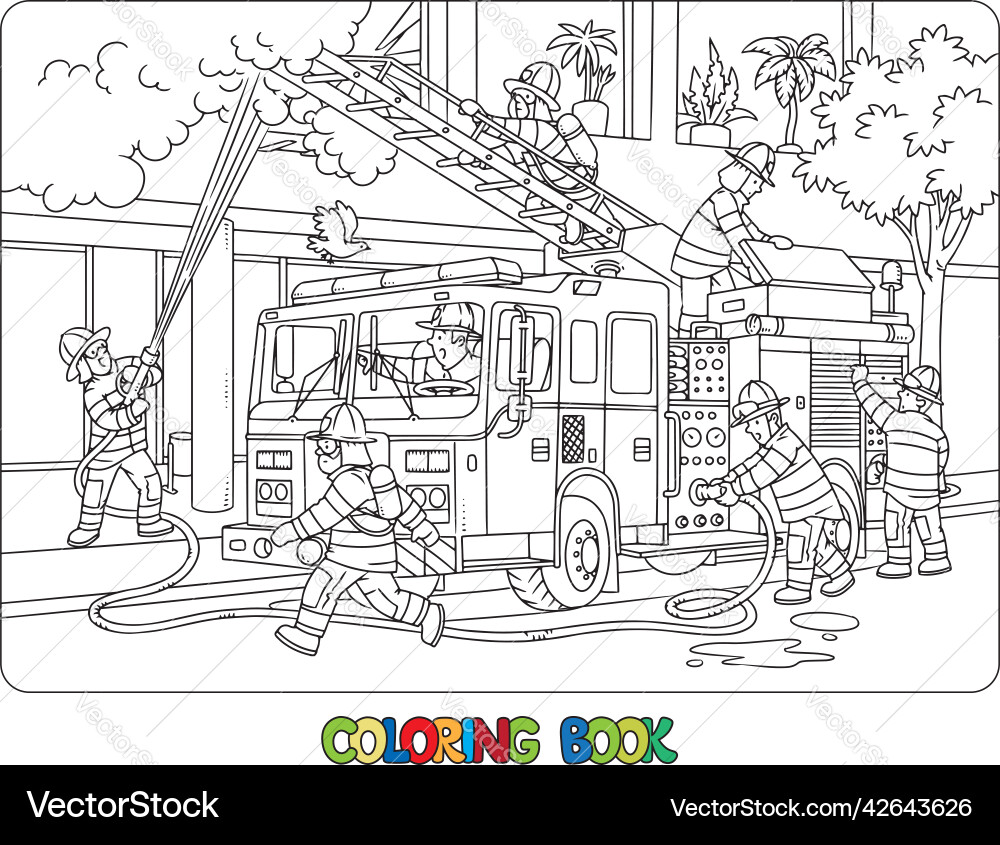 Firefighters near a fire truck coloring book Firefighters near a fire truck coloring book vector image