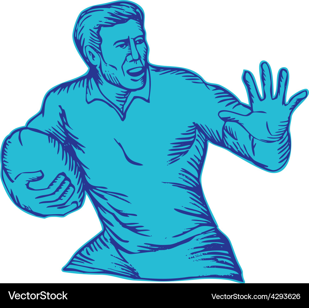 Rugby player running fending etching Vector Image