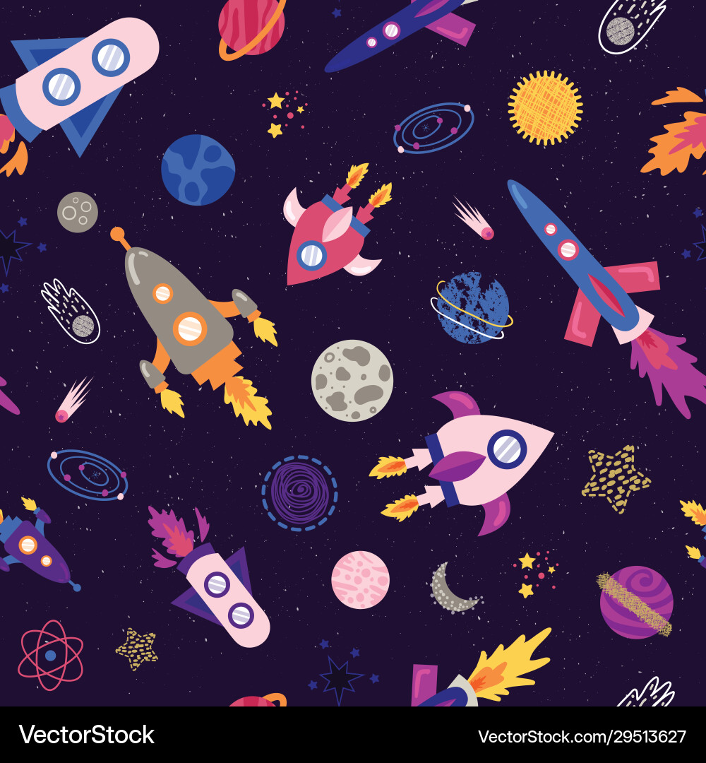 Seamless pattern with spaceship rockets andplanets Seamless pattern with spaceship rockets andplanets vector image