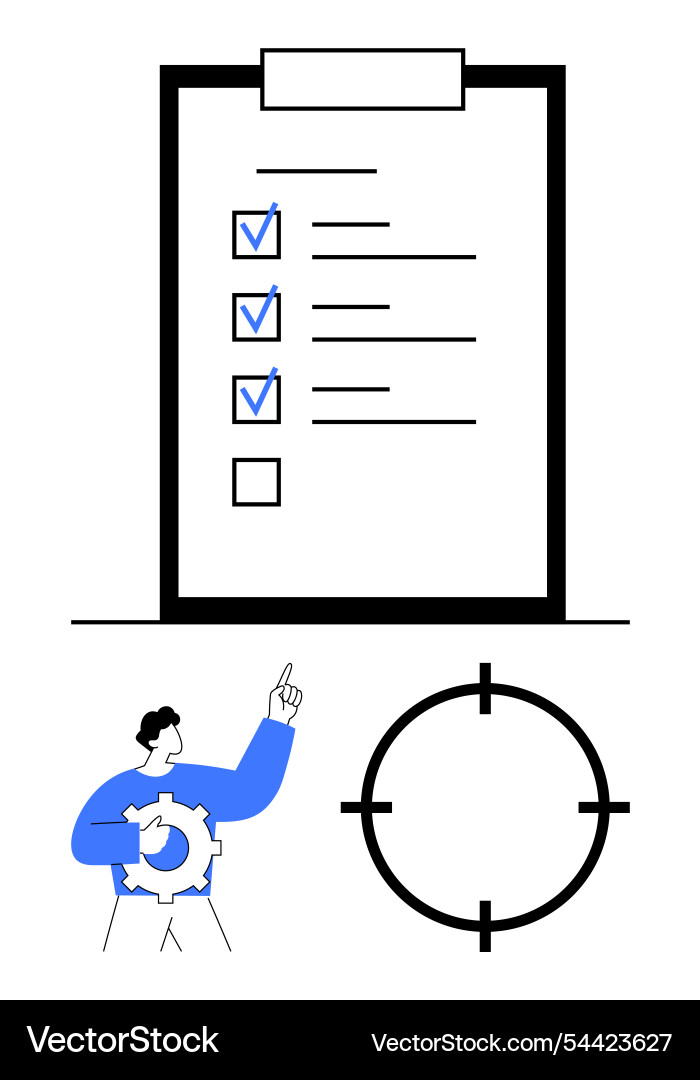 Task checklist with human figure pointing Task checklist with human figure pointing Vector Image