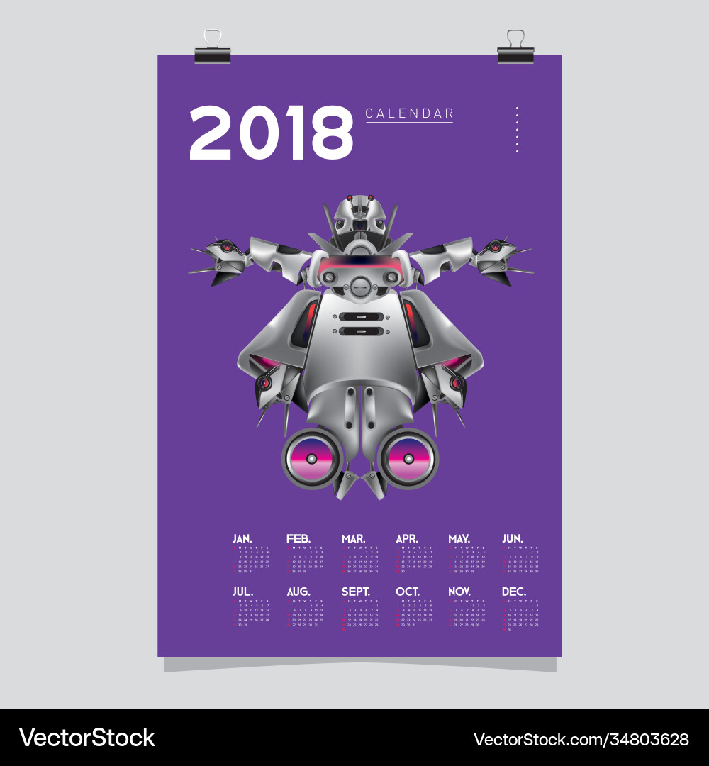 2018 calendar design template 3d realistic robot vector image