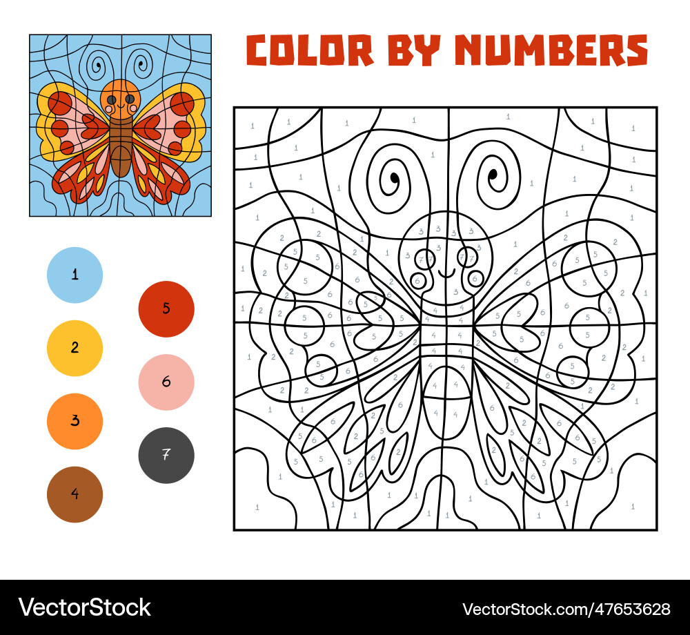 Color by number education game butterfly Color by number education game butterfly vector image