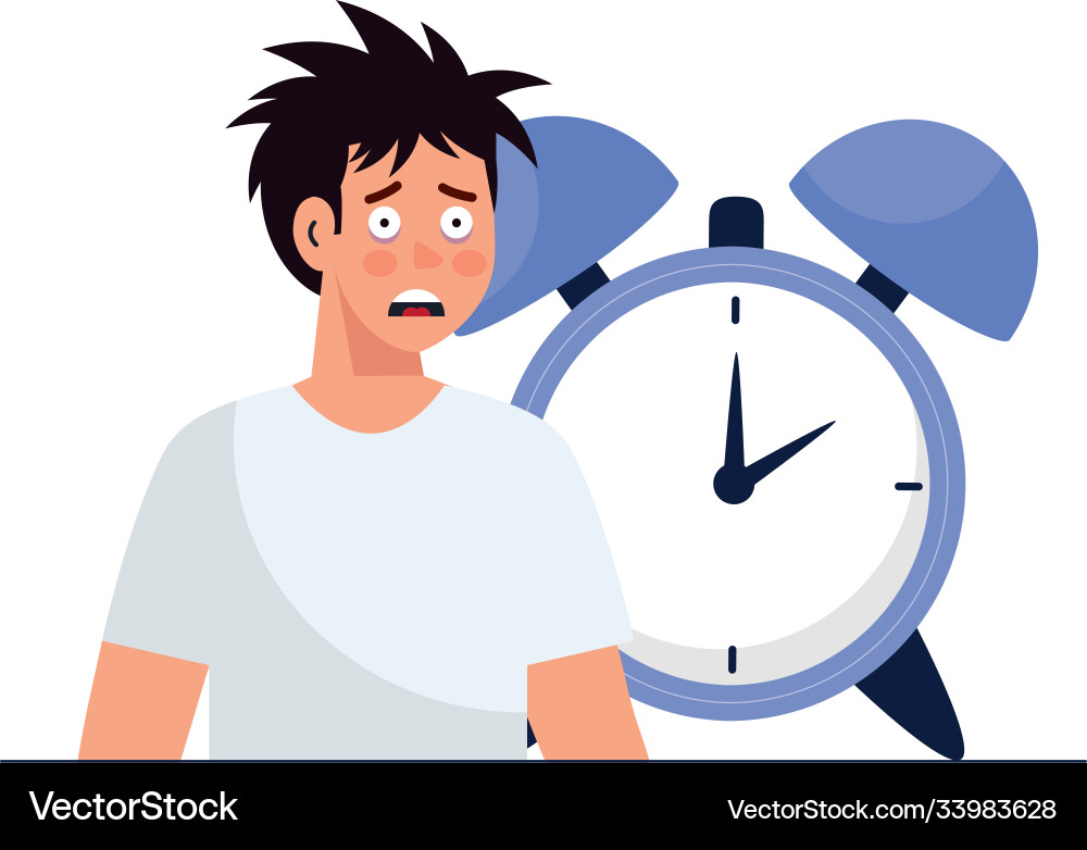 Man cartoon with insomnia and clock design Man cartoon with insomnia and clock design vector image