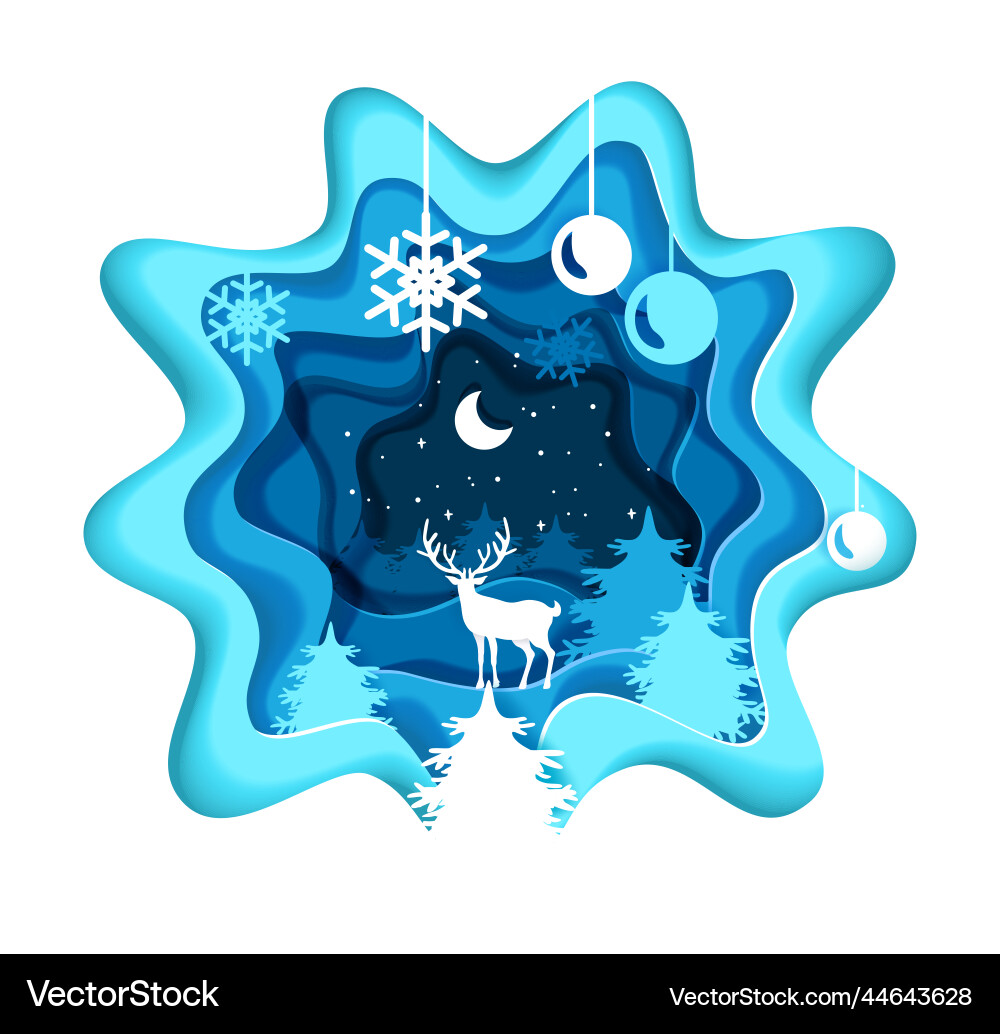 Winter reindeer in forest 3d paper cut art vector image