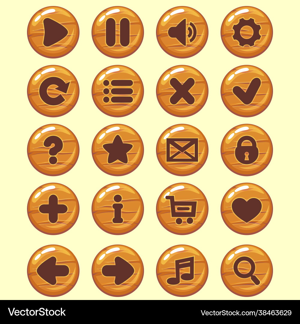 Gui wooden round buttons set game menu icons Gui wooden round buttons set game menu icons vector image