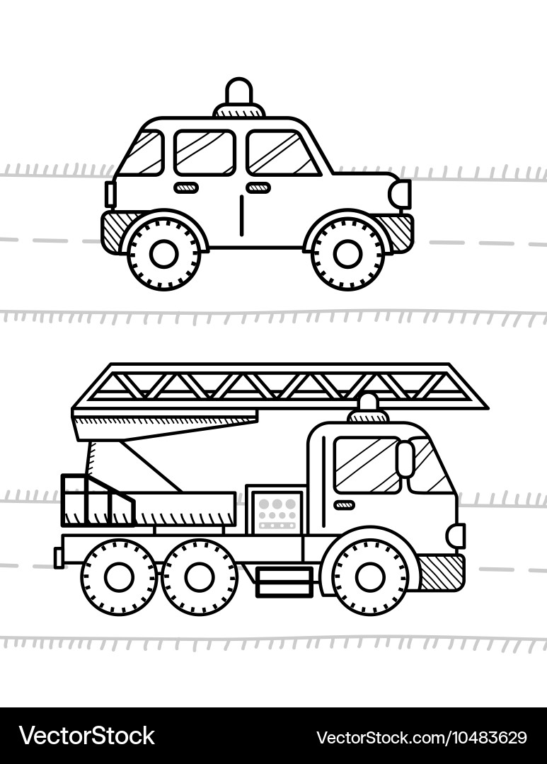 Kids Car Coloring Pages - Firetruck & Police Vector Image