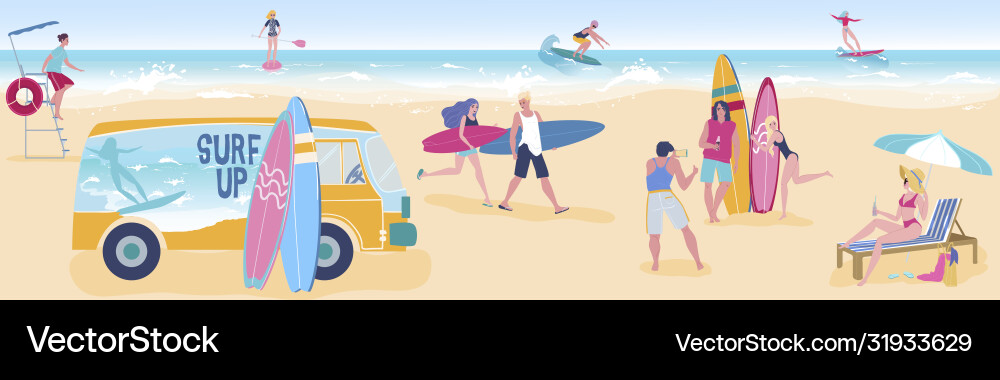 Menschen surfen entspannen am tropischen Strand flach Menschen surfen entspannen am tropischen Strand flach vektorbild
