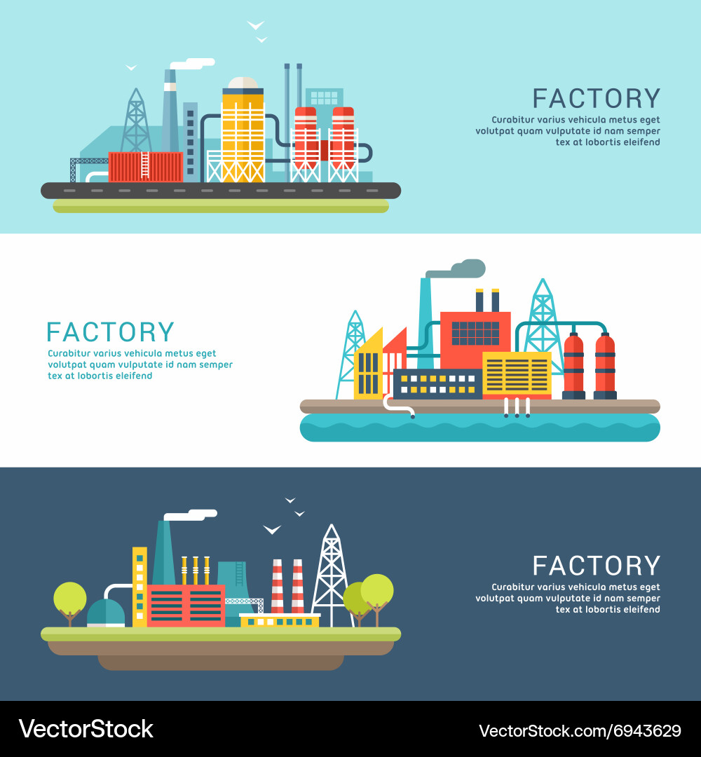 Set of industrial factory buildings flat style Vector Image