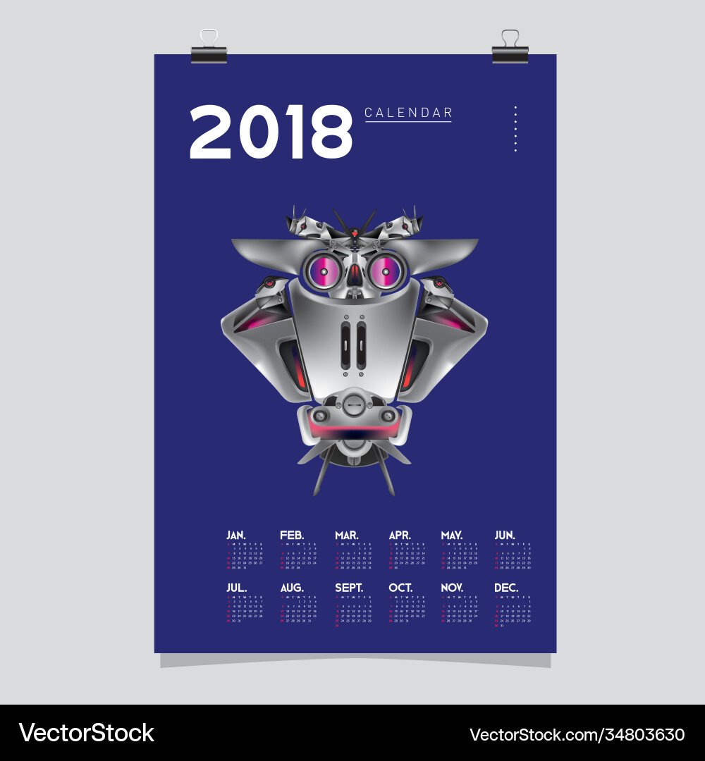 2018 calendar design template 3d realistic robot 2018 calendar design template 3d realistic robot vector image