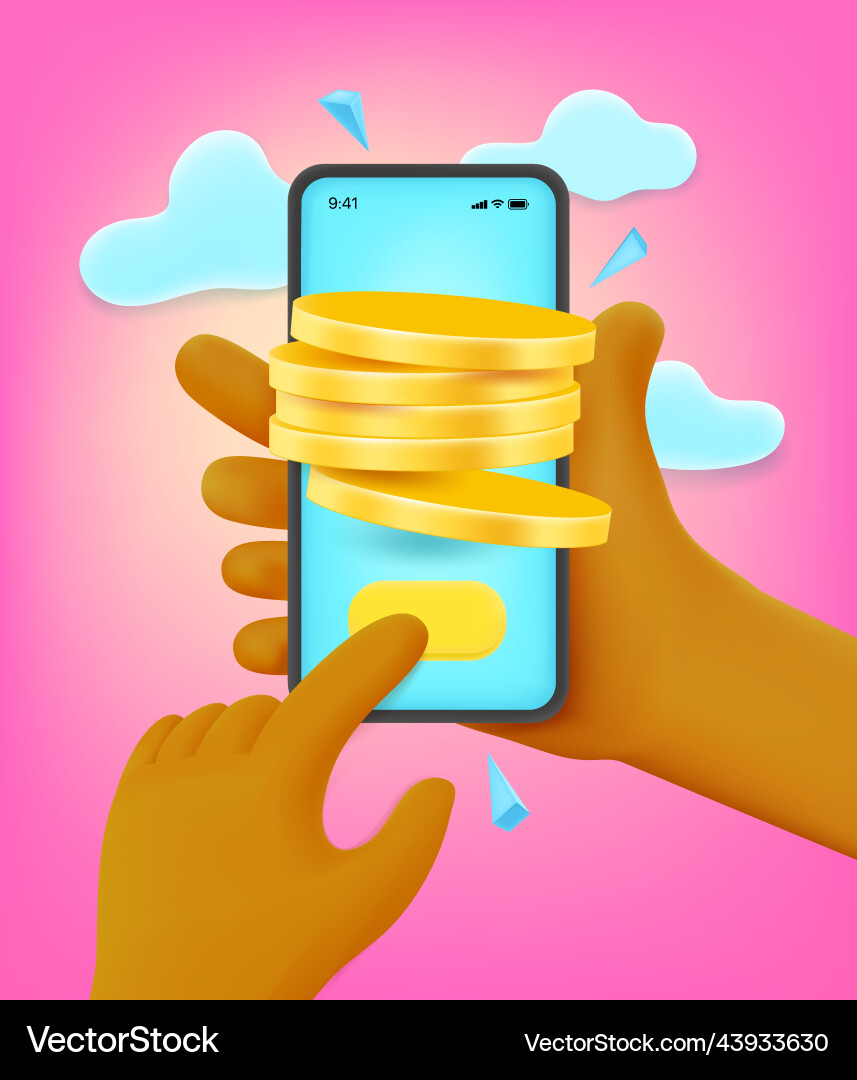 Man mining money via smartphone 3d style vector image