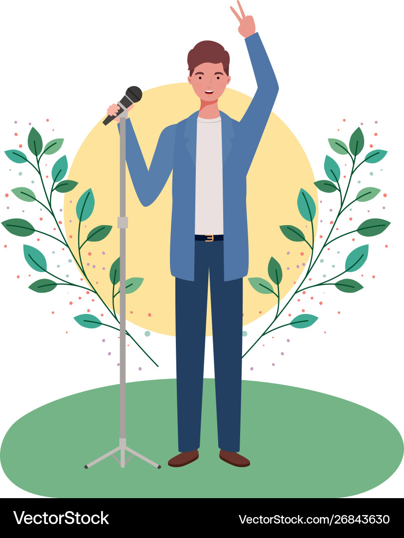 Man with microphone and branches leaves vector image