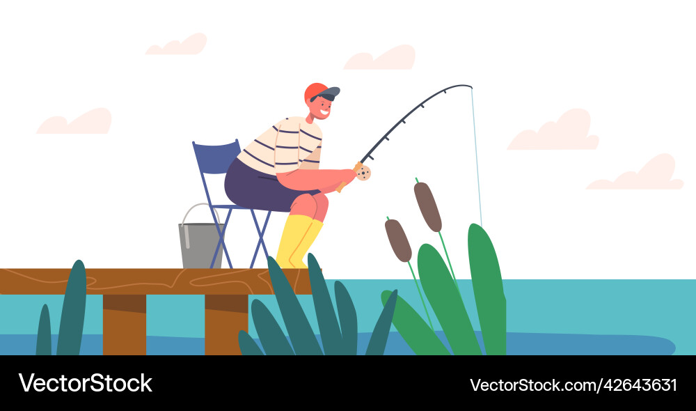 Child fisherman fishing with rod on wooden pier Child fisherman fishing with rod on wooden pier vector image