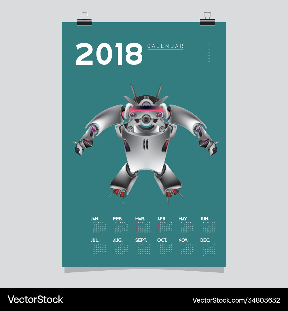 2018 calendar design template 3d realistic robot 2018 calendar design template 3d realistic robot vector image