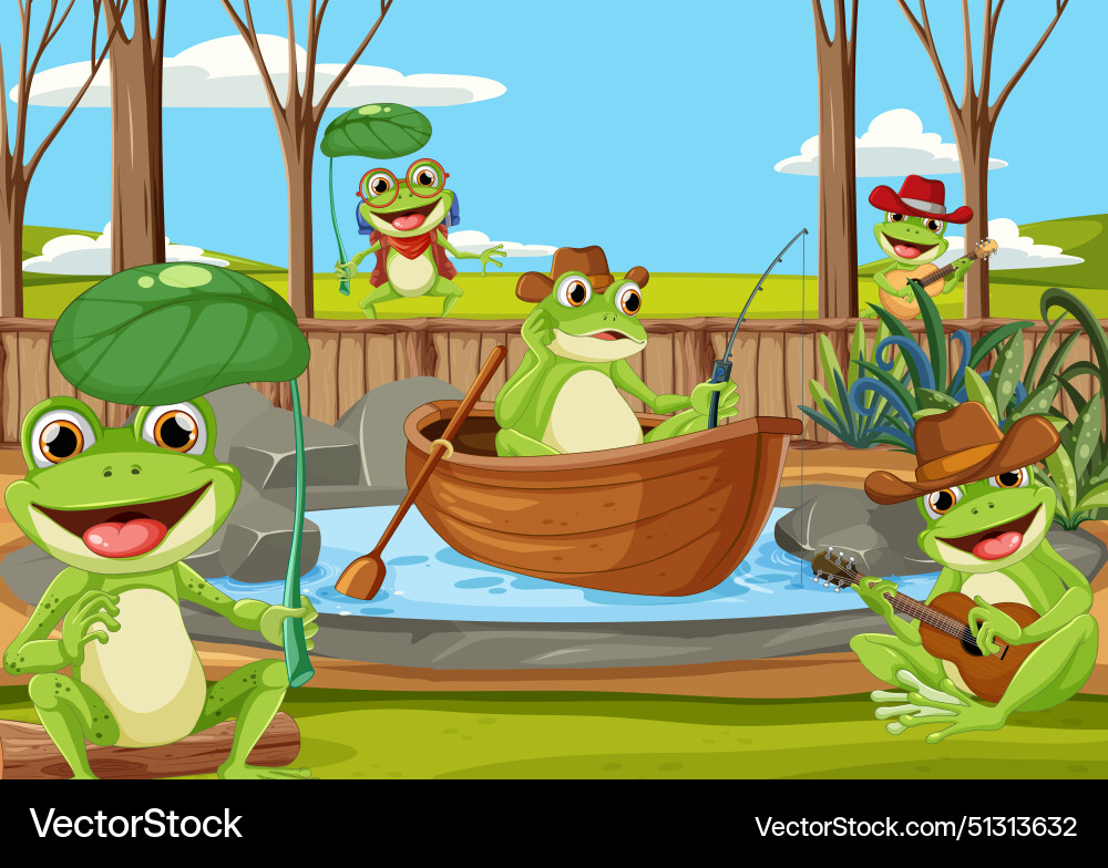 Cartoon frogs fishing boating and playing music Cartoon frogs fishing boating and playing music Vector Image
