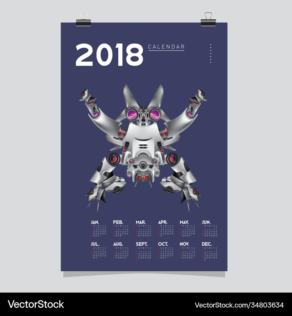 2018 calendar design template 3d realistic robot vector image