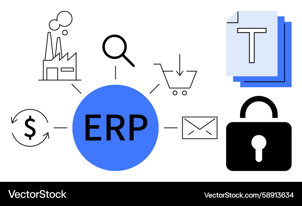 Erp system with connected icons representing Erp system with connected icons representing Vector Image