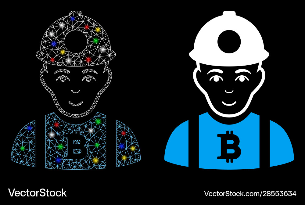 Glossy mesh network bitcoin miner icon with flash vector image