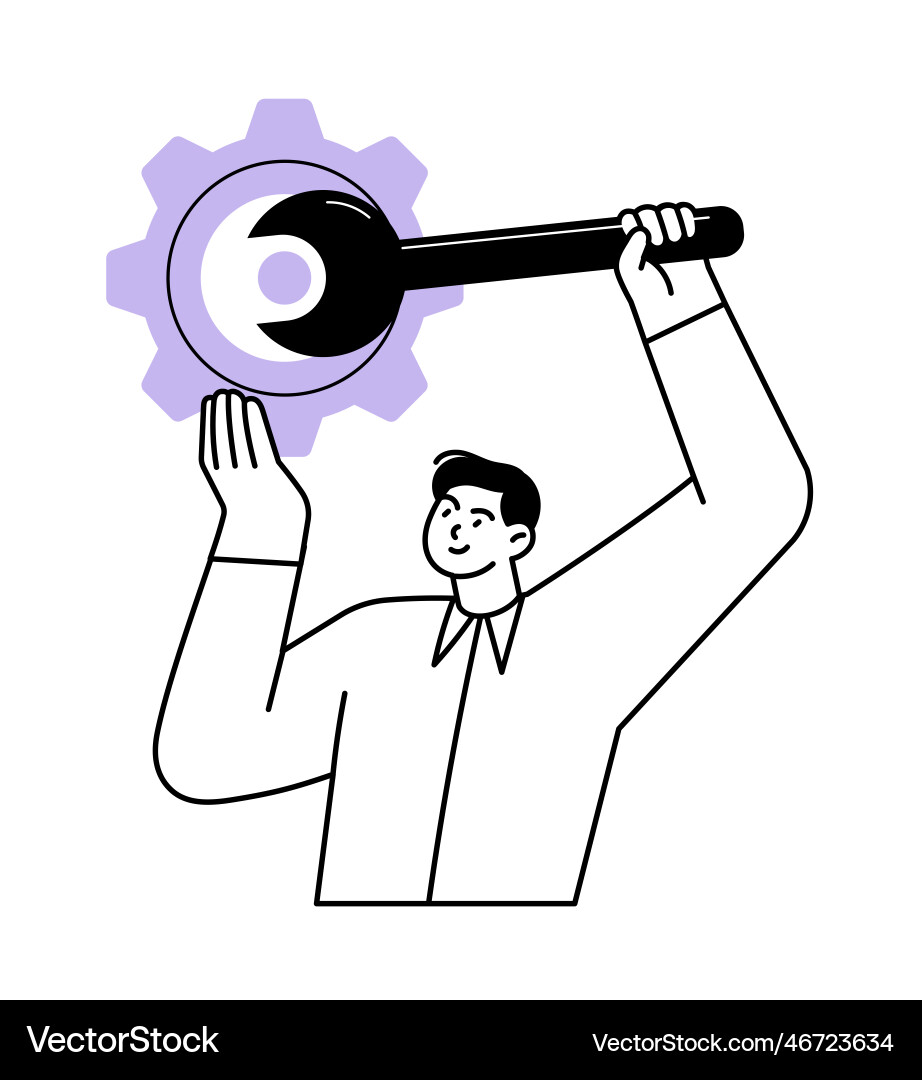 Man with a wrench taps the mechanism Vector Image