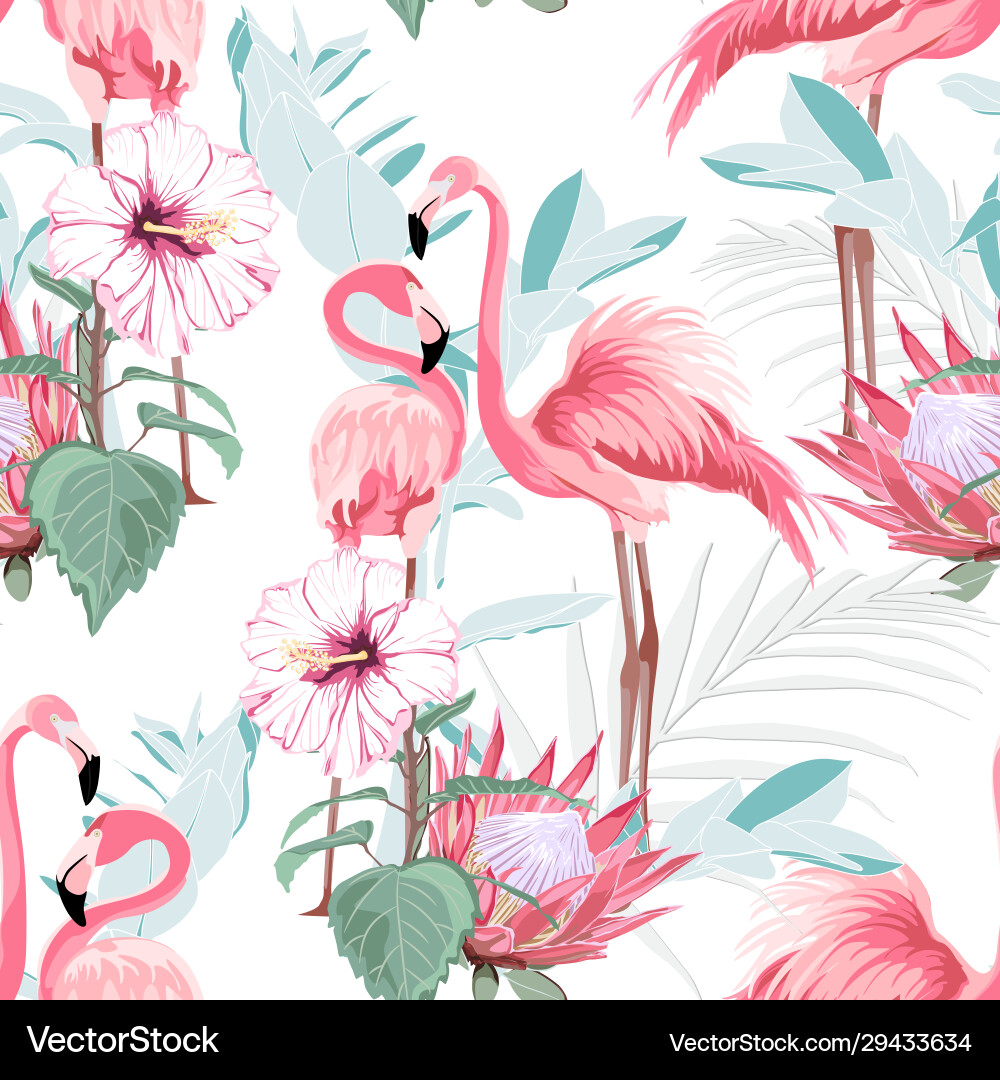 Pink flamingo and exotic flowers pattern Pink flamingo and exotic flowers pattern vector image