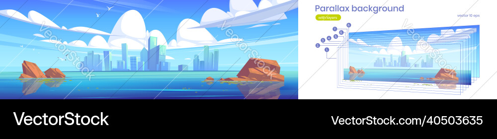 Parallax background with lake and city on skyline Vector Image