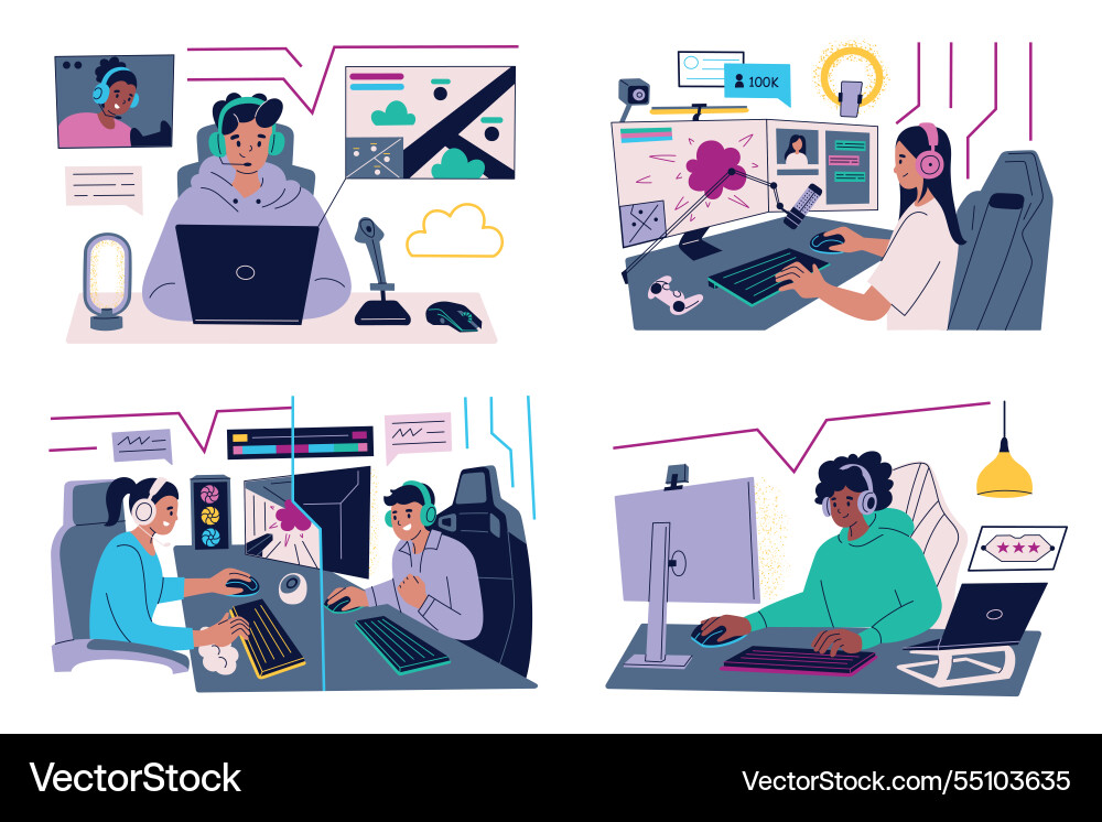 Set of gamers streaming Vector Image