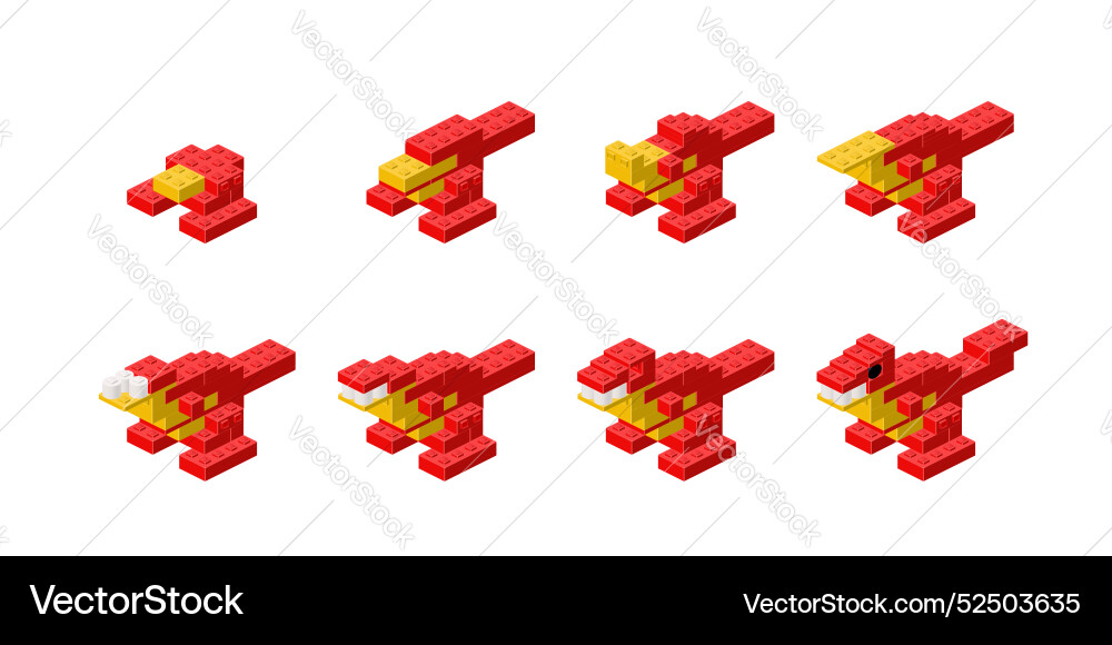 Step-by-step assembly of a dinosaur in isometry Step-by-step assembly of a dinosaur in isometry vector image