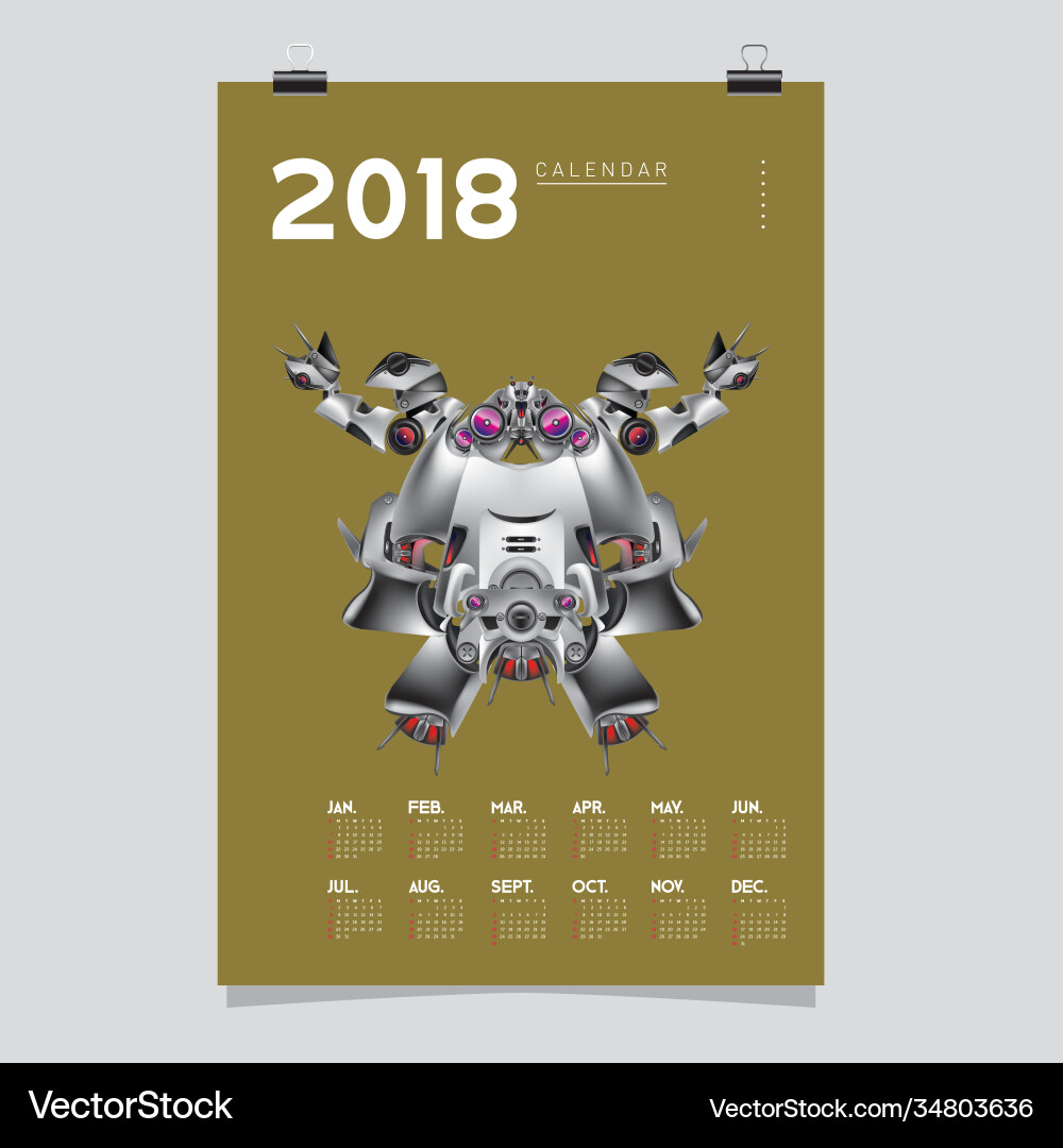 2018 calendar design template 3d realistic robot 2018 calendar design template 3d realistic robot vector image