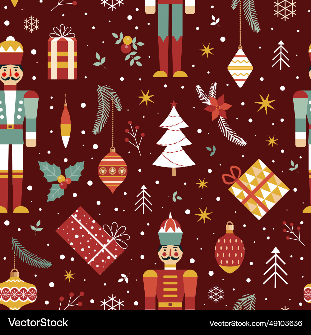 Christmas pattern with nutcracker soldier and toys Christmas pattern with nutcracker soldier and toys Vector Image