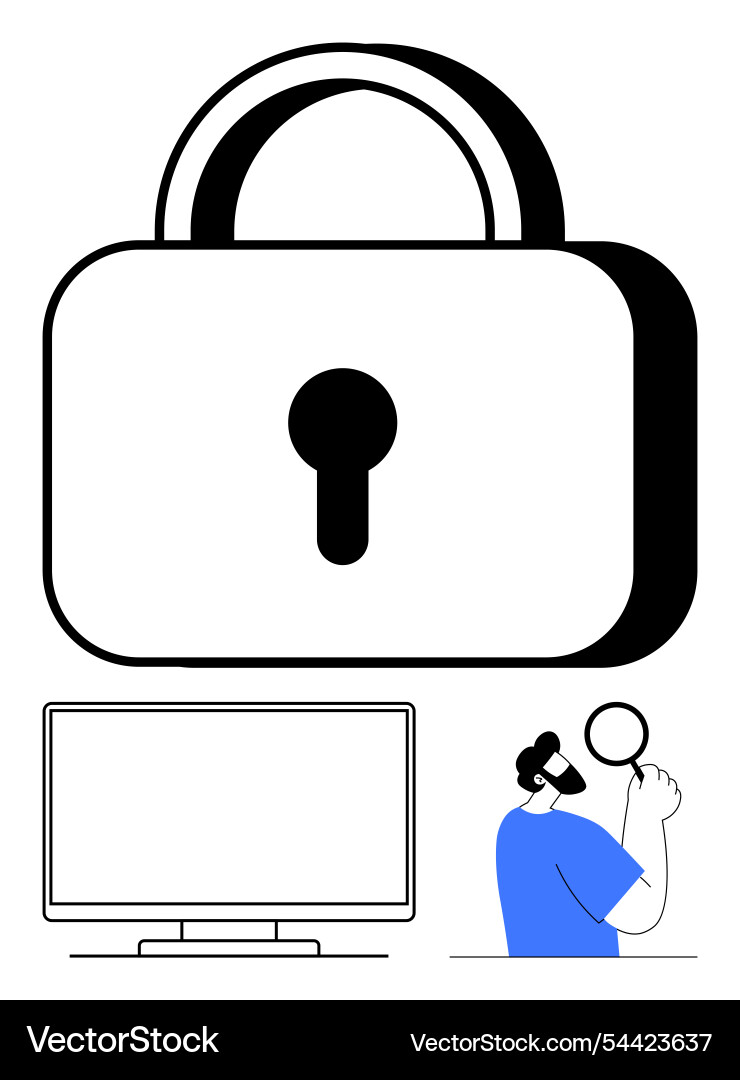 Cybersecurity concept with large lock computer Cybersecurity concept with large lock computer vector image
