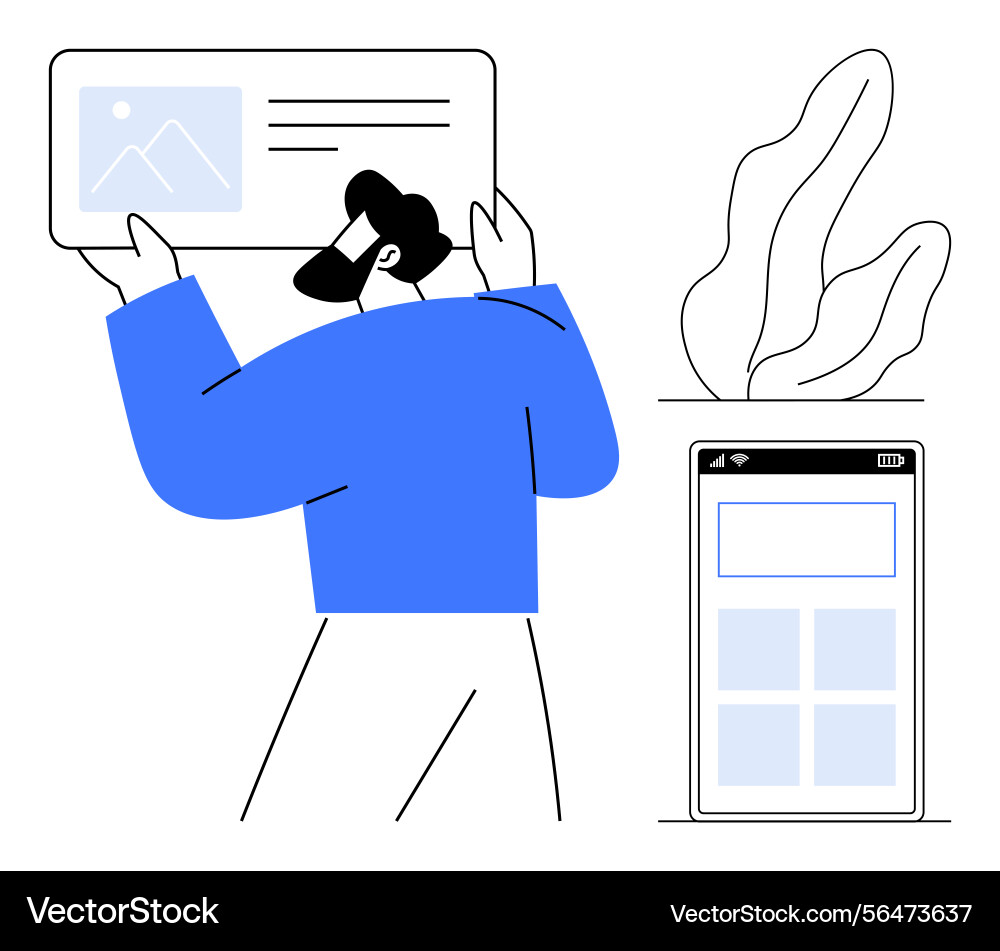 Man designing web interface with screen prototype Man designing web interface with screen prototype Vector Image