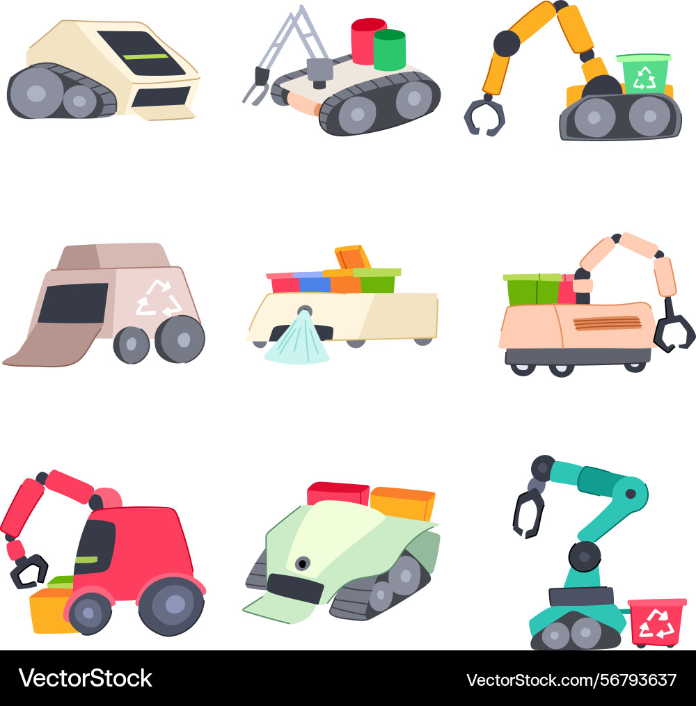 Mini robot sorting trash set cartoon Mini robot sorting trash set cartoon vector image