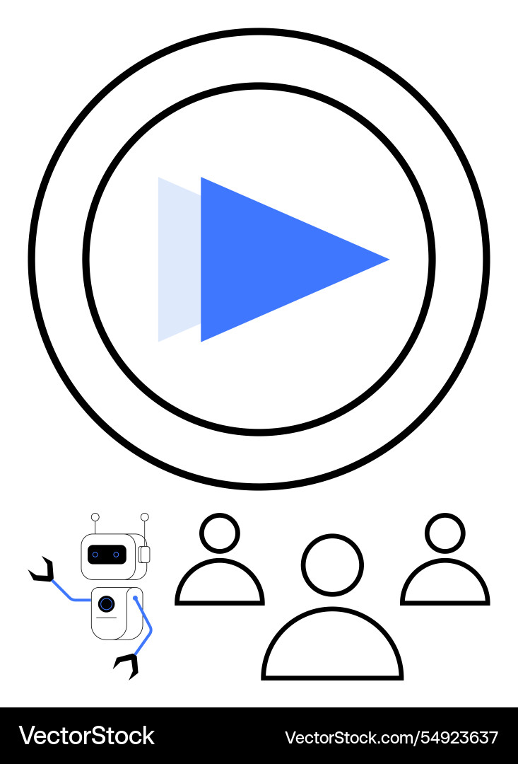 Robot presenting play button concept to a group Robot presenting play button concept to a group vector image