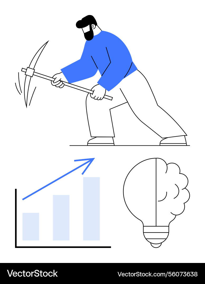 Man mining with pickaxe beside growth chart Man mining with pickaxe beside growth chart vector image