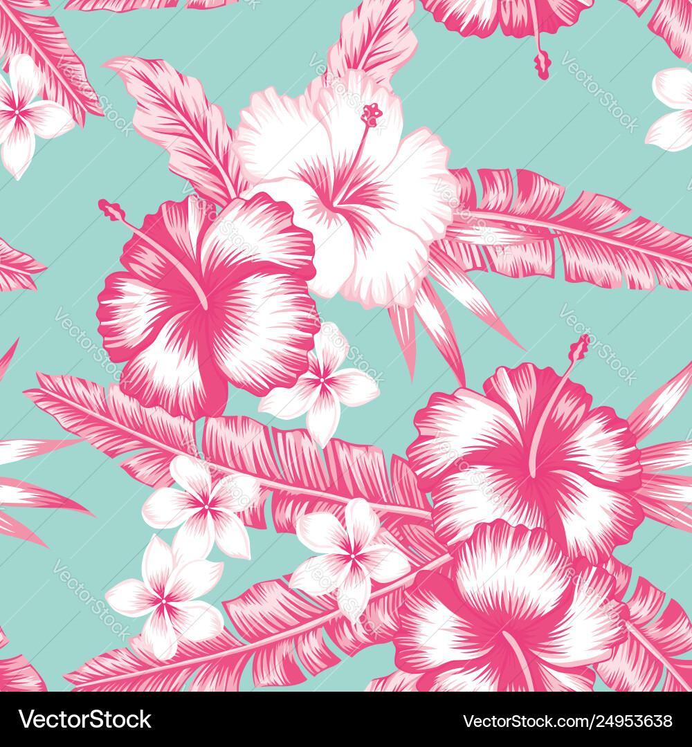 Tropical Hibiscus & Leaves Pattern Vector Image