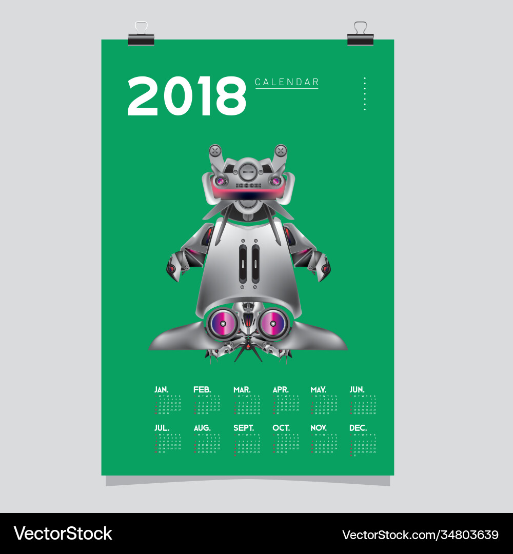 2018 calendar design template 3d realistic robot 2018 calendar design template 3d realistic robot vector image