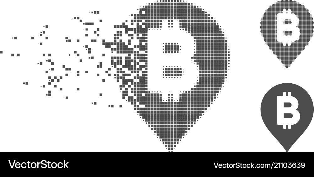 Fractured pixel halftone bitcoin map marker icon Fractured pixel halftone bitcoin map marker icon vector image