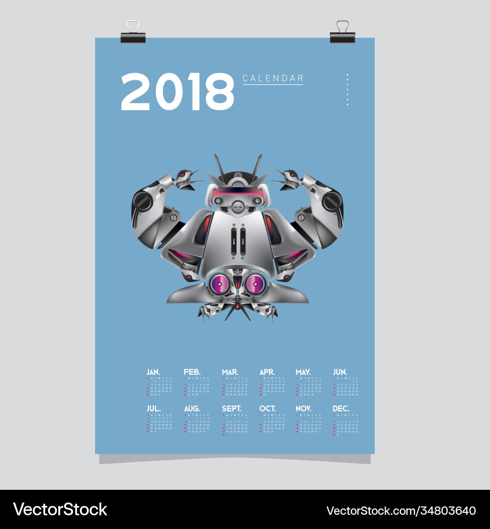2018 calendar design template 3d realistic robot 2018 calendar design template 3d realistic robot vector image