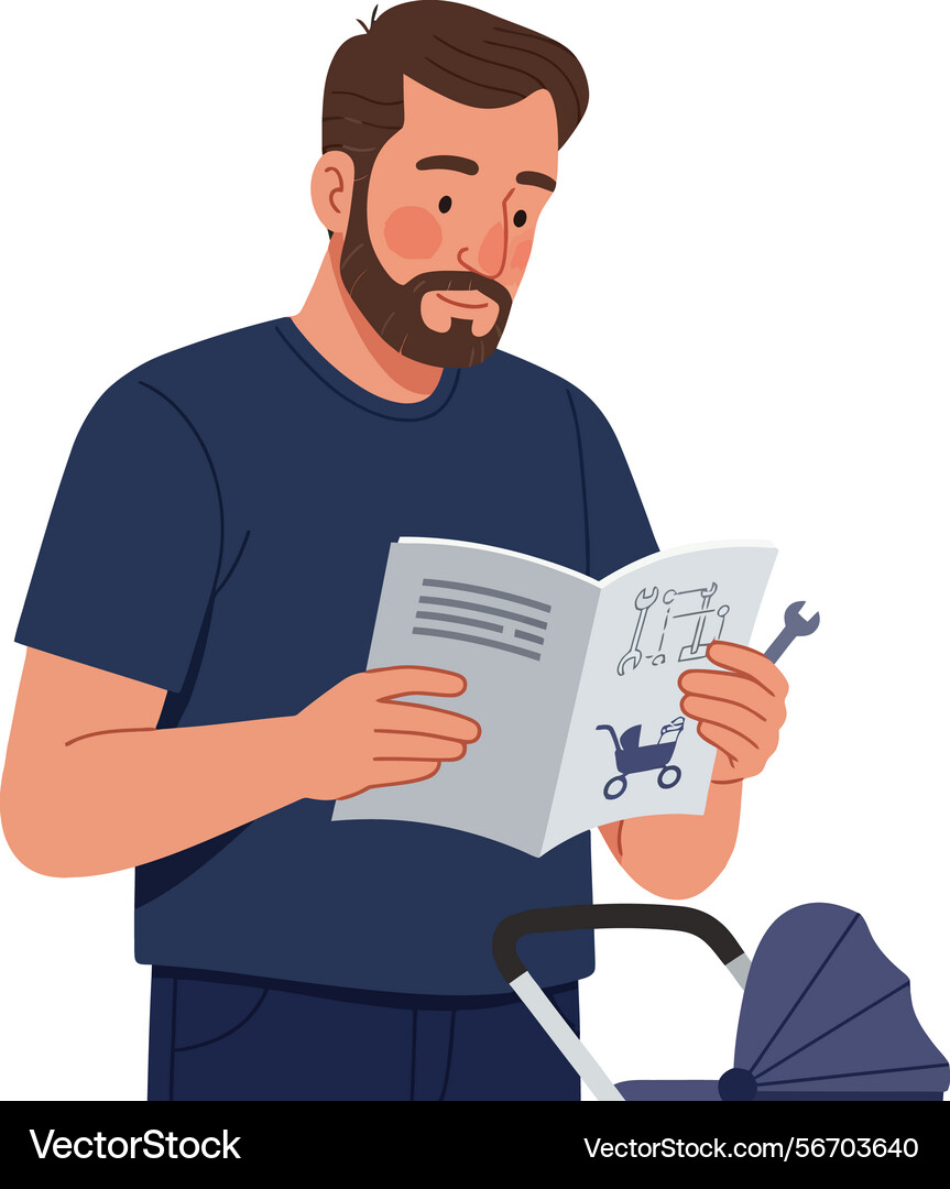 Man assembling baby stroller with instruction Man assembling baby stroller with instruction vector image