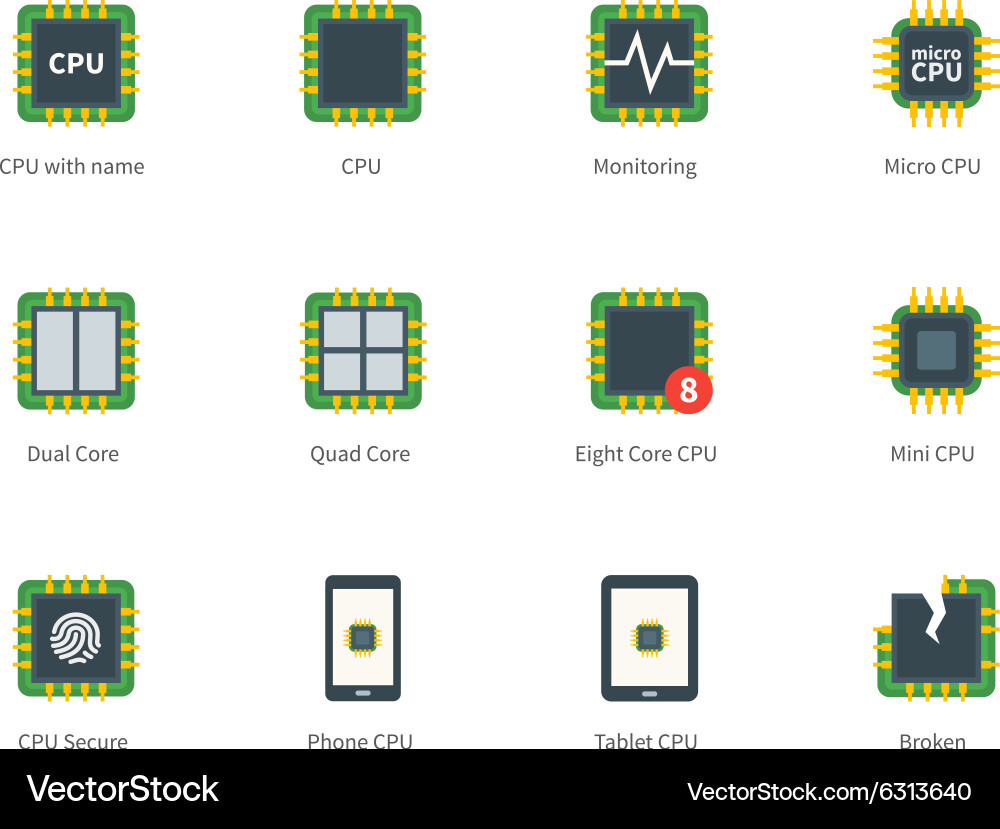 Modern computer processor color icons on white Vector Image