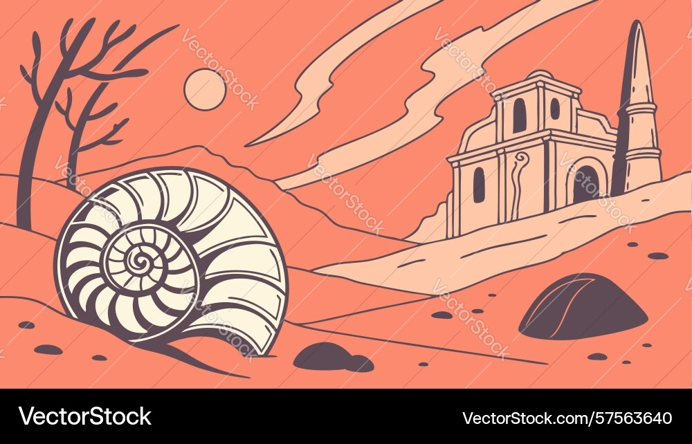 Nautilus shell by a deserted adobe building Vector Image