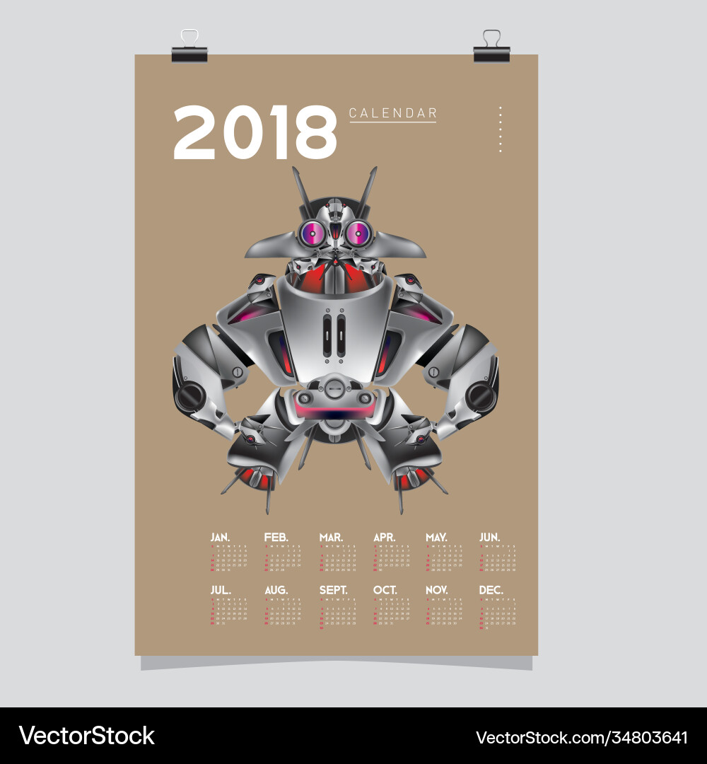 2018 calendar design template 3d realistic robot 2018 calendar design template 3d realistic robot vector image